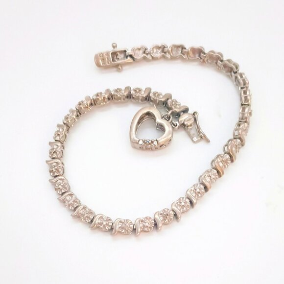 Sterling Silver CZ Tennis Bracelet 7" Round Cut 925 Open Work Heart Charm - Picture 1 of 7